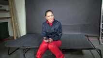 Rachel Adams in shinynylon Jumpsuit doing Selfbondage