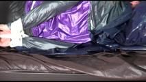 Mara tied and gagged on a princess bed in an old cellar wearing a sexy black nylon pants and a purple rain jacket (Video)