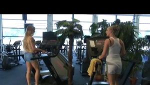 Katharina and Jenny in the fitness studio wearing sexy shiny nylon shorts and tops (Video)