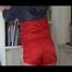 Jill wearing a red shiny nylon shorts and an oldschool rain jacket during cleaning (Video)