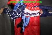 Sexy Sonja wearing a sexy oldschool shiny nylon downbib and donjacket being tied and gagged with ropes overhead (Pics)