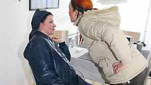 Jill ties, gagges and hoodes an archive girl on a chair both wearing shiny nylon pants and downjackets (Pics)