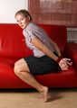 Barefoot Albina Rose bound and cuffed in several sets