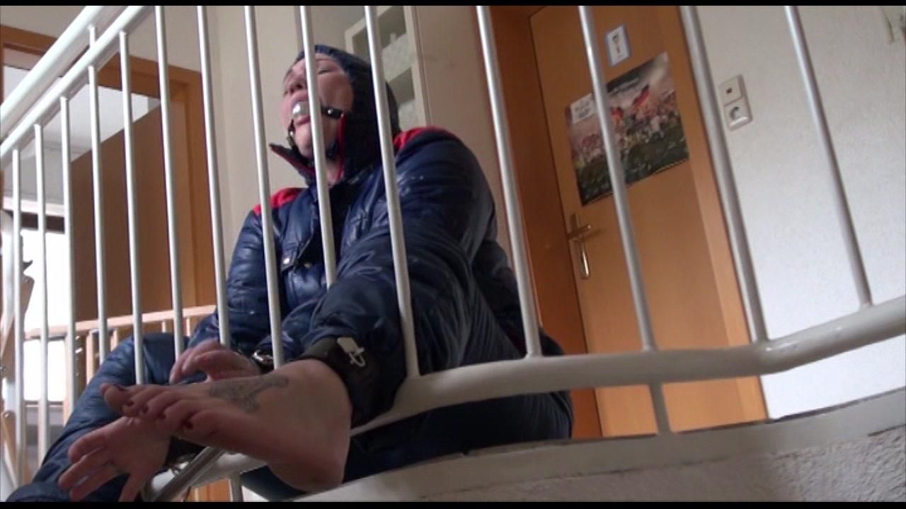 Jill Tied, Gagged And Hooded With A Bar On The Stairway Wearing A Sexy Oldschool Downwear Combination (Video)