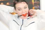 Jill wearing sexy white rainwear ties and gagges herself (Pics)