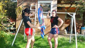 Jill tied and gagged by her friend in shiny nylon shorts