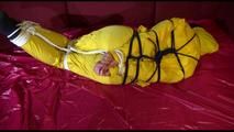 Lucy tied, gagged and hooded on a sofa with dark ropes wearing a sexy yellow rainwear combination (Video)
