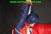 Sexy Sonja wearing a sexy oldschool shiny nylon downbib and donjacket being tied and gagged with ropes overhead (Pics)
