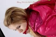 Samantha tied and gagged in a shiny nylon down jacket and nylon rainpants