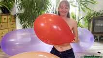 topless inflating balloons with the pump and popping them with the lighter