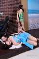 Lucky, Nelly, Xenia - All hogtied, Lucky posed on motorbike while tied up