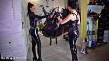 Three rubber goddesses gangbang a poor,bound slave