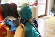Mara tied and gagged and hooded on a chair wearing sexy shiny nylon shorts over a rainpants and a rain jacket (Pics)