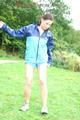 Enni wearing sexy blue shiny nylon shorts and rainjacket during her warm-up (Pics)