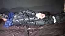 Ronja being tied and gagged with ropes and a ballgag in shiny nylon rainwear and downwear (Video)