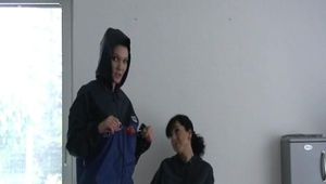 Jill ties and gagges an archive girl wearing shiny rainsuit (Video)