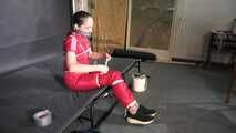 Rachel Adams in shinynylon Jumpsuit doing Selfbondage