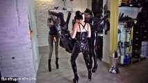 Three rubber goddesses gangbang a poor,bound slave