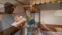Rachel Adams Poletied and Pantygagged in shiny nylon Rainwear left for desperate struggeling