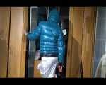 SONJA in high heels wearing a sexy white shiny nylon skirt and a green down jacket posing infront of the mirror (Video)