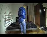 Pia wearing a shiny nylon rain pants and a bra dressing herself with a blue PAMY down jacket and lolling on bed (Video)