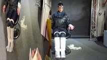 Lady M bound and gagged in Rainwear, white Rubberboots and Latexhood