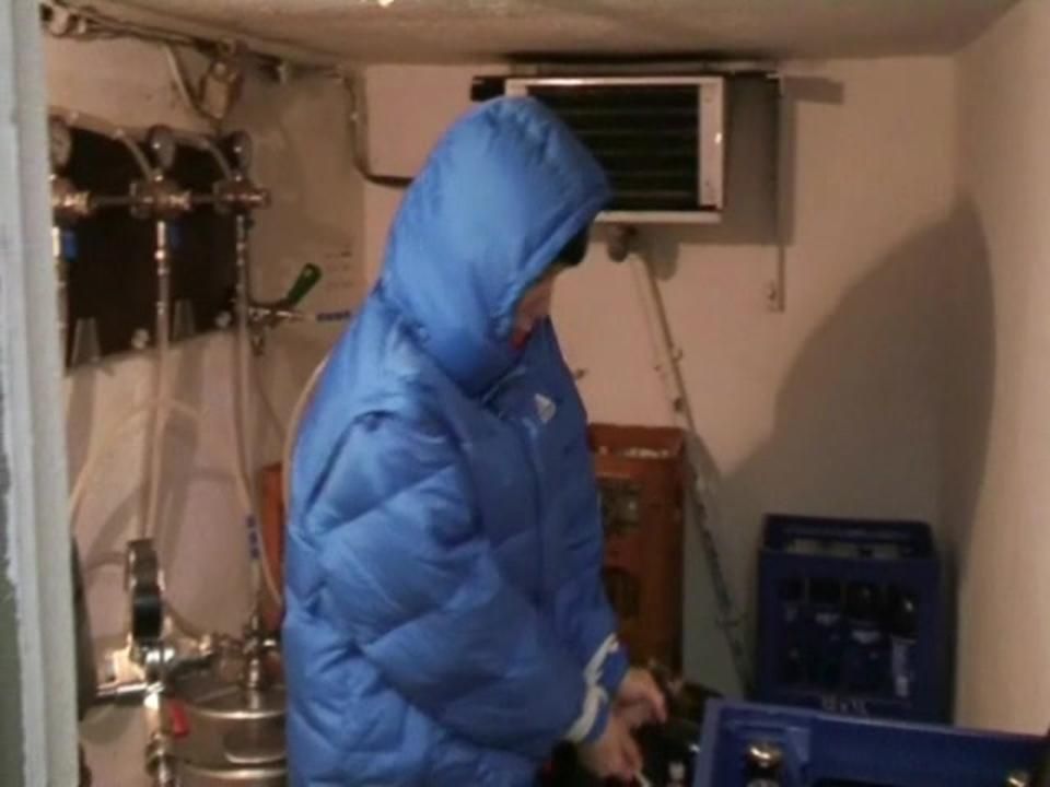 Archive Girl Tied, Gagged And Hooded In A Cellar Wearing A Shiny Light Blue Downcoat (Video)