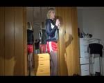 Watching Pia putting on a red shiny nylon shorts and a rain jacket over her nylon tights (Video)