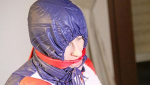 Sonja tied, gagged and hooded on a bed wearing supersexy shiny nylon oldschool downwear (Pics)