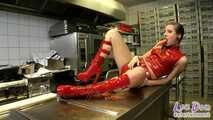 Latex Slut is stuffed in the kitchen