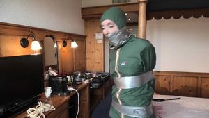 Rachel Adams Poletied and Pantygagged in shiny nylon Rainwear left for desperate struggeling