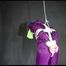 MARA tied and gagged overhead with ropes and a cloth gag wearing a super sexy super shiny purple rainsuit and blue rubber boots (Video)