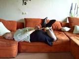 Hogtied on the couch