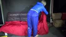Sexy Sonja changing clothes wearing a sexy blue rainwear combination and preparing her sofa (Video)