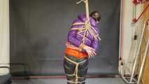Rachel Adams bound, gagged and double hooded in shiny downjackets