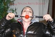 Jill ties, gagges and hoodes completely herself wearing a black rain pants and a black down jacket (Pics) 
