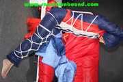 Sexy Sonja wearing a sexy oldschool shiny nylon downbib and donjacket being tied and gagged with ropes overhead (Pics)
