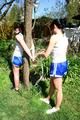 Jill tied and gagged by her friend in shiny nylon shorts