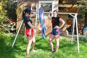Jill tied and gagged by her friend in shiny nylon shorts