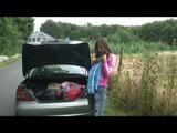 Alina walking on the street cruising around wearing sexy shiny nylon shorts under her jeans and a rain jacket (Video)