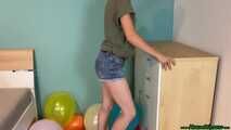 stomp2pop the balloons with her clogs shoes