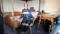 Rachel Adams bound, pantygagged and pantyhooded in shiny nylon Rainwear