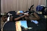 21 Yr OLD BLACK COLLEGE STUDENT OTM, HOG TIED ON BED WHILE  WEARING BLACK LINGERIE, GARTER BELT & HIGH HEELS (D71-3)