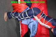 Sexy Sonja wearing a sexy oldschool shiny nylon downbib and donjacket being tied and gagged with ropes overhead (Pics)