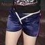 Mara tied and gagged with ropes overhead and a cloth gag wearing a sexy blue/purple shiny nylon shorts and a tshirt (Pics)