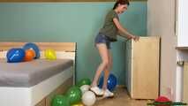 stomp2pop the balloons with her clogs shoes