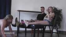 Bonnie and her boyfriend make smokes while the slave licks shoes