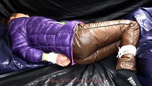 Samantha tied and gagged in shiny nylon downwear