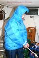 Jill tied and gagged in a refrigeration room wearing a blue shiny nylon down jacket and a black rain pants (Pics)