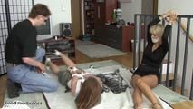 2 girlfriends hogtied and handcuffed